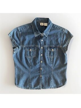 Y2K Arizona Jean Co. Women's Western Denim Shirt - Large - Pearl Snap Cap Sleeve